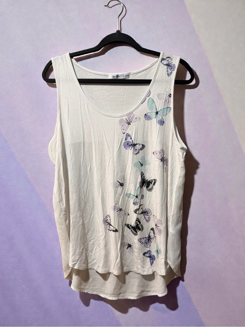Ricki's White Tank Top with Pastel Butterfly Print & Sequin Embellishment